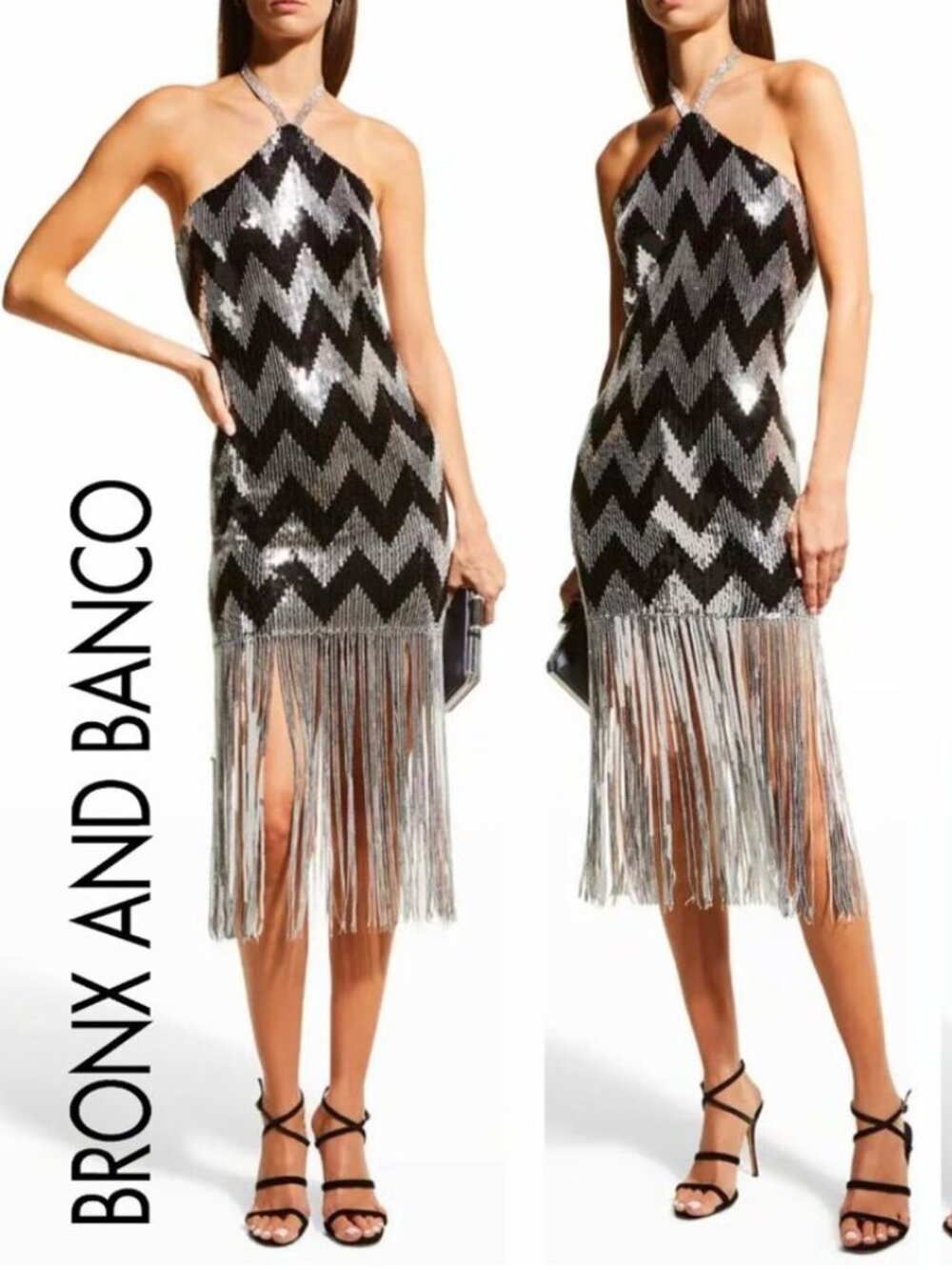 ✨ROARING 20s GATSBY GLAM✨Sequin Halter Chevron Fringed Dress in Silver & Black